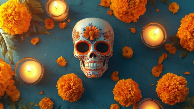 Candy skull art in festive Day of the Dead celebration, featuring a detailed skeleton head with flower patterns and petals floating around it against a rich blue backdrop.