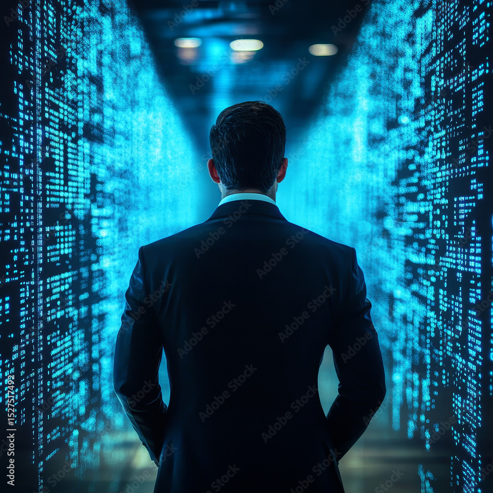 Poster businessman points at data privacy as a fundamental principle in the digital age, emphasizing the im
