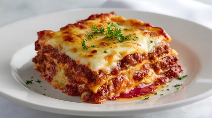 Hearty Lasagna with Melty Cheese and Fresh Herbs on a White Plate