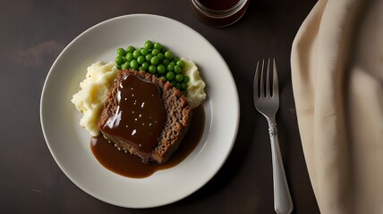 A slice of meatloaf with gravy, mashed potatoes, and peas