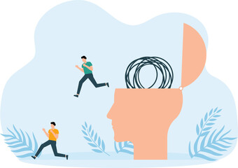 Escape and exit or leave depression, anxiety or stressed lockdown concept, man run away escape from mess tangled line brain on his open head.
