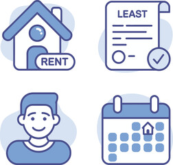 Rental contract icons. House icon, renter profile, lease document and rental calendar scheduling visuals  