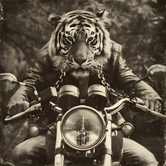 Striking black and white image of a fierce tiger with intense eyes wea a leather jacket while riding a motorcycle through a forested area in striking monochrome style