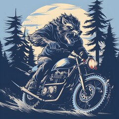 Intense wolf-headed character riding a classic motorcycle through a dense forest under a full moon in a detailed illustrative art style scene