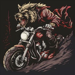 Fierce werewolf riding a motorcycle at night with a threatening expression, detailed furry creature with teeth and claws, dynamic action scene