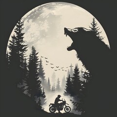 Silhouette of a person riding a motorcycle in a forest clea du nighttime under a large full moon with a threatening wolf howling and flying birds in the background