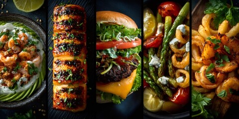 Colorful food collage featuring succulent shrimp with avocado, grilled polenta, juicy burger, crispy calamari with asparagus, golden onion rings