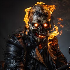Menacing flaming skull mask with glowing eyes wea black leather jacket for horror, Halloween, or themed costume or dark art design