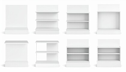 Set of white cardboard product display stands and holders. Blank promotional shelf ready for packages, countertop for retail exhibitors mockup isolated on white. 3d empty point of sale POS POPs.