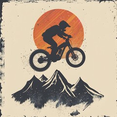 Silhouette of Mountain Biker Jumping Over Snow-Capped Peaks with a Bright Sun in the Background in a Retro Vintage Style Illustration