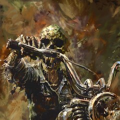 Dark and intense digital painting of a skeleton rider on a motorcycle with a fiery and abstract background, emphasizing horror, danger, and mystery themes