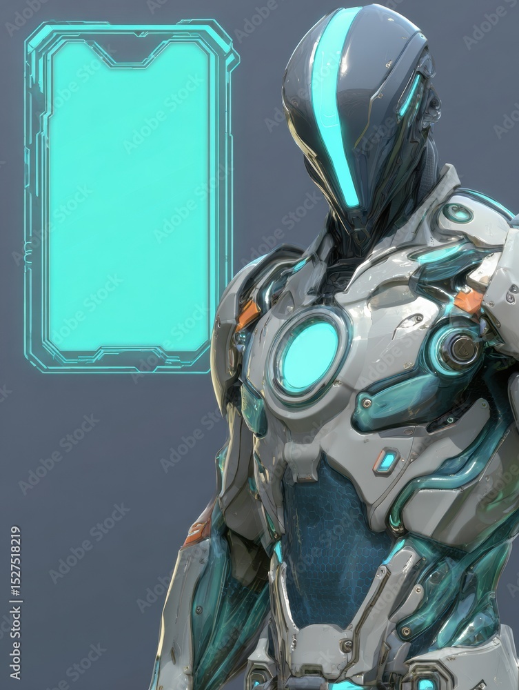 Poster Cyber Guardian Avatar Stands Ready to Protect Digital Device in Futuristic Setting