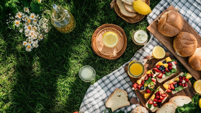 Top view of a summer picnic spread with sandwiches, fruit skewers, lemonade, and cloth napkins on grass