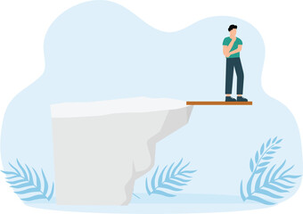 Investment or financial risk to fall down from economic recession, fear of losing money or debt payback concept, businessman standing on high jumping wood in the sky looking down with fear of height.
