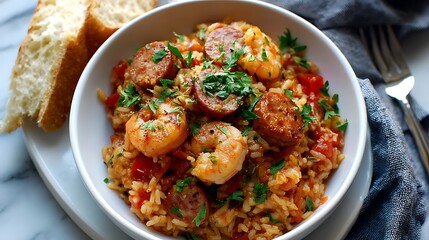 Shrimp and Sausage Jambalaya with Fresh Herbs and Crusty Bread