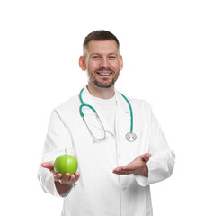 Nutritionist with green apple and stethoscope on white background