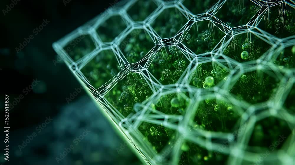 Poster microscopic view of nanomaterial growing and developing in hexagonal structure, filling available sp