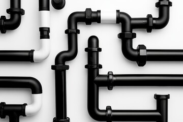 Complex arrangement of black and white pipes creating an abstract design against a plain background