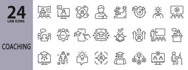 Coaching line icons set with Training, Education, E-Learning, Mentorship, Skills, Speaker and more. Editable Stroke