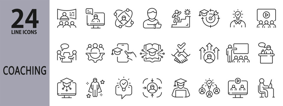 Coaching line icons set with Training, Education, E-Learning, Mentorship, Skills, Speaker and more. Editable Stroke
