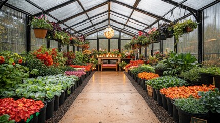 Greenhouse filled with vibrant flowers and plants