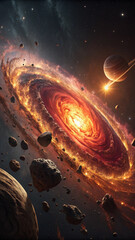 Astounding artistic depiction of a cosmic galaxy spiral nebula with celestial bodies and asteroids