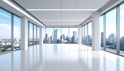 Fototapeta premium 3D render of Interior view of modern hall with view on skyscrapers