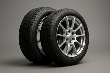 Car Tires with Silver Rims on Gray Background Automotive Product