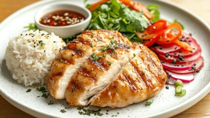 Grilled chicken breast with rice and Asian slaw