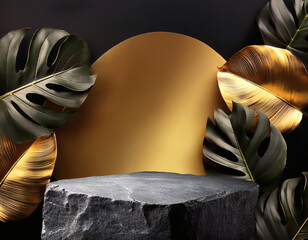 Rock podium stand with elegant gold philodendron leaves on black background. Blank luxury stone stand with tropical golden foliage, ideal for premium branding or cosmetic mockups.