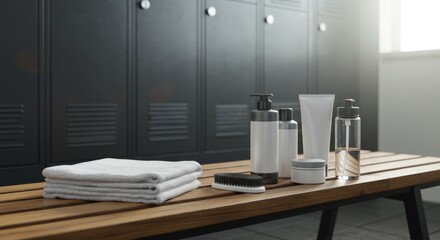 Spa essentials including towels and bottles on bench in locker room  