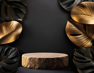 Rock podium stand with elegant gold philodendron leaves on black background. Blank luxury stone stand with tropical golden foliage, ideal for premium branding or cosmetic mockups.