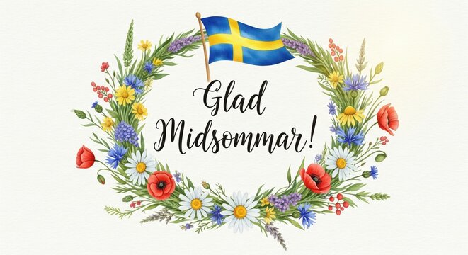A greeting card for Swedish midsummer celebration, decorative lettering text "Glad Midsommar!" on swedish language