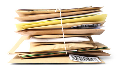 Stack of different paper envelopes isolated on white. Post office