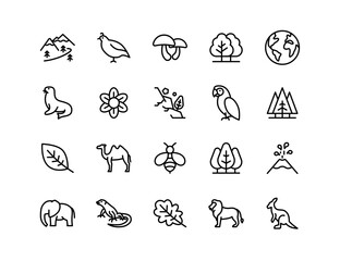 Fototapeta premium Nature Vector Icon Set | Adjustable Line Weight | Wildlife, animals, plants, mountains, trees, earth, birds, mushrooms, flowers, environment, leaf, bee, jungle, safari icons