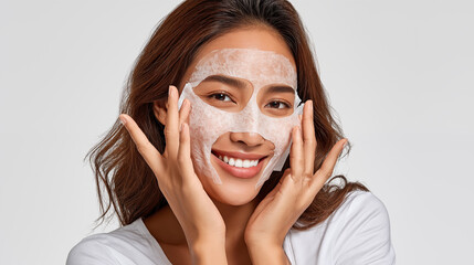 Happy asian woman with vitiligo and clay mask on face