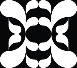 Ceramic kitchen or washroom wall tiles. Monochrome symmetrical leaf ornament. Black and white abstract graphic seamless pattern. Square organic tribal decor. Vector background