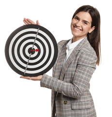 Targeting. Smiling businesswoman with dart board on white background