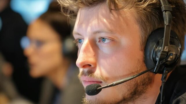 Focused Gamer: A young man with intense focus, wearing a headset, is deeply immersed in a competitive gaming session, his eyes fixed on the screen, reflecting the dedication and thrill of esports.
