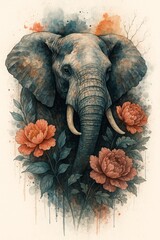 Elephant in a watercolor style with flowers and foliage forming a floral backdrop