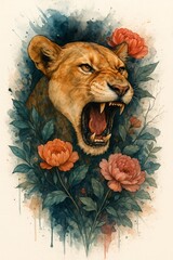 Lion in a watercolor style with flowers and foliage forming a floral backdrop
