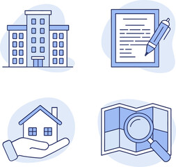 Property entrance icons. Boundary gate, fence marker, parking lot and secure residence division documents  