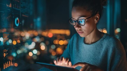 Data Analyst at Work: A focused data analyst works diligently in a high-tech environment at night, expertly navigating a tablet interface filled with complex data. - Powered by Adobe