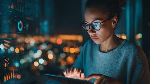 Data Analyst at Work: A focused data analyst works diligently in a high-tech environment at night, expertly navigating a tablet interface filled with complex data.