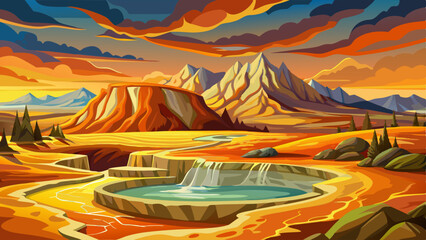 Vector illustration of a geothermal hot spring nestled in a scenic mountain valley perfect for wellness themes, eco-tourism, and natural energy visuals