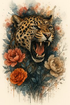 Leopard in a watercolor style with flowers and foliage forming a floral backdrop
