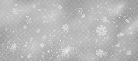Snowflakes vary in form and symmetry. Storm-like sky filled with frosty debris. December overlays enhanced by flake diversity. Gray tones contrast with pure white snow.