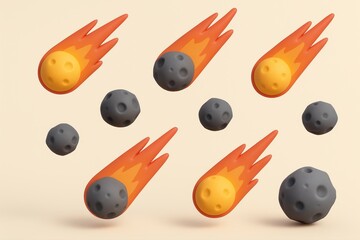 Cartoon Meteor Shower with Asteroids on Beige Background
