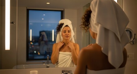 Woman wrapped in towel looking in mirror reflecting evening cityscape