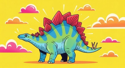 Cartoon stegosaurus with colorful clouds in background